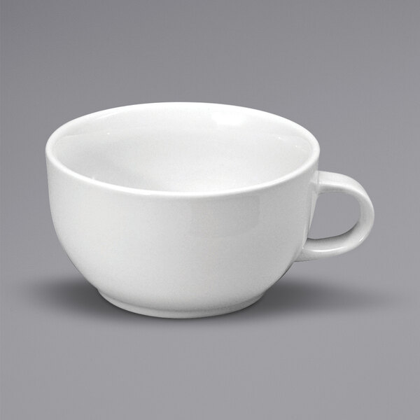 A white Oneida Buffalo porcelain jumbo cup with a handle.