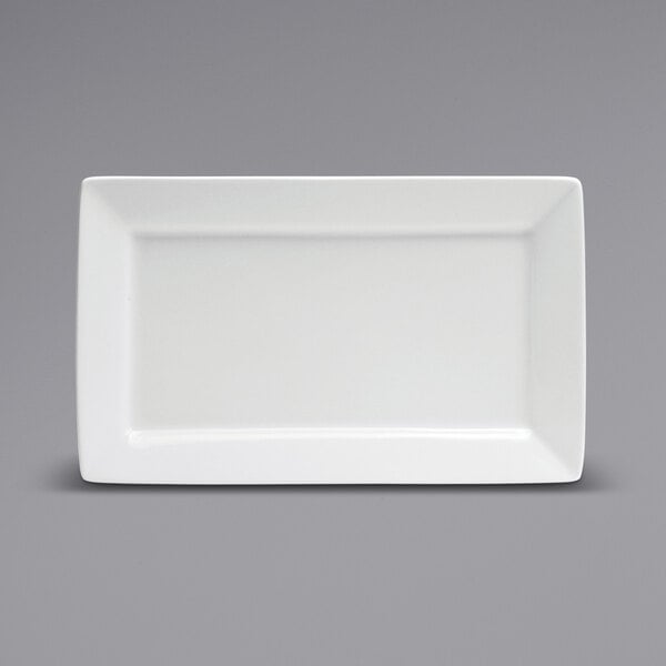 A white rectangular Oneida Buffalo porcelain platter with a white border.