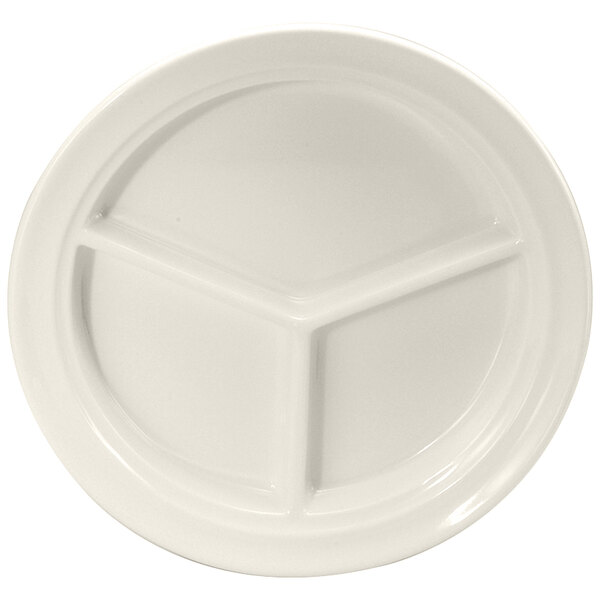 A white Oneida Buffalo porcelain compartment plate with three sections.