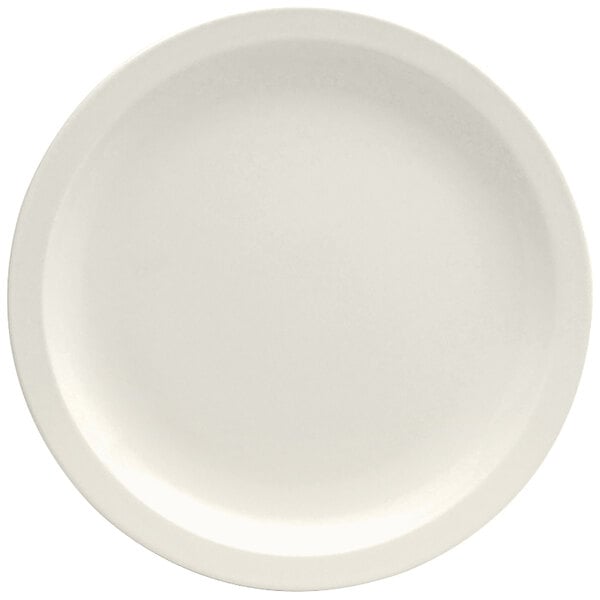 A Oneida Buffalo Cream White Ware narrow rim porcelain plate with a plain edge on a white surface.