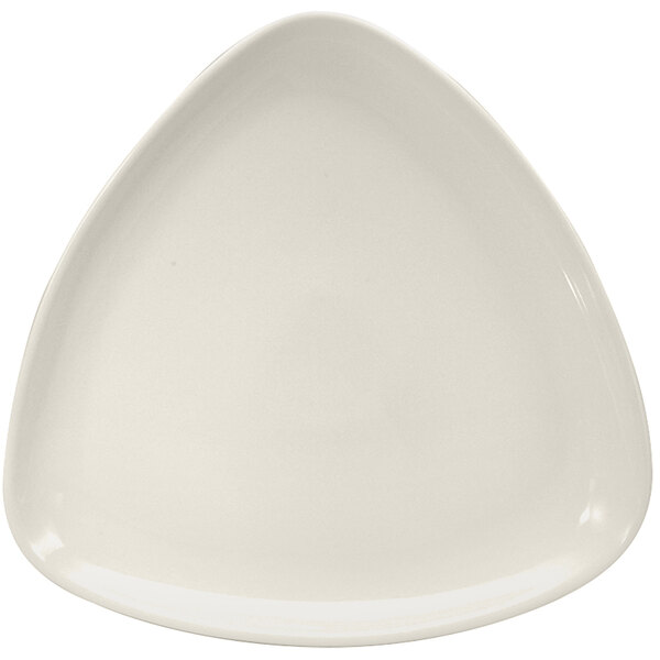 A white triangular porcelain plate.