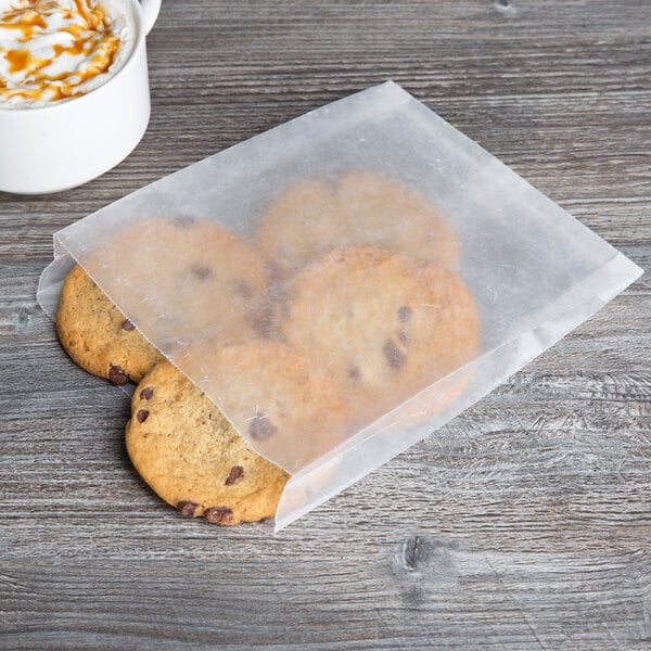 A Bagcraft Packaging white wax paper bag with cookies inside.