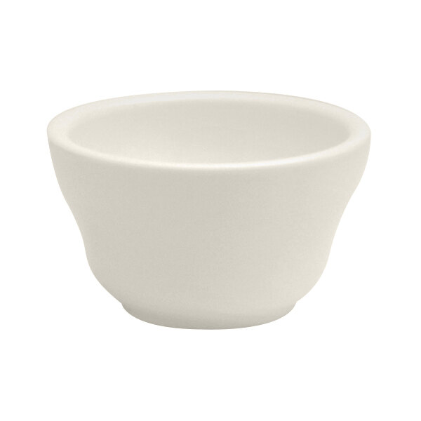 A close-up of a Oneida Buffalo Cream White Ware porcelain bouillon cup.