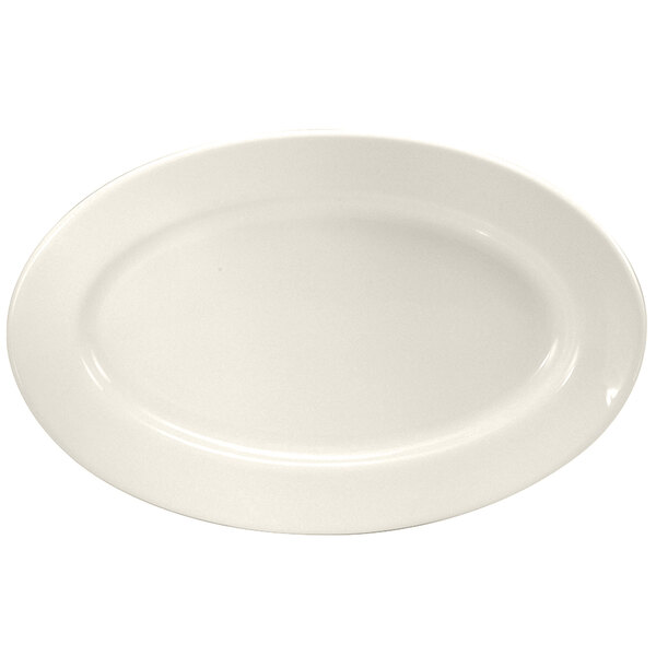 A white porcelain oval platter with a wide rim.