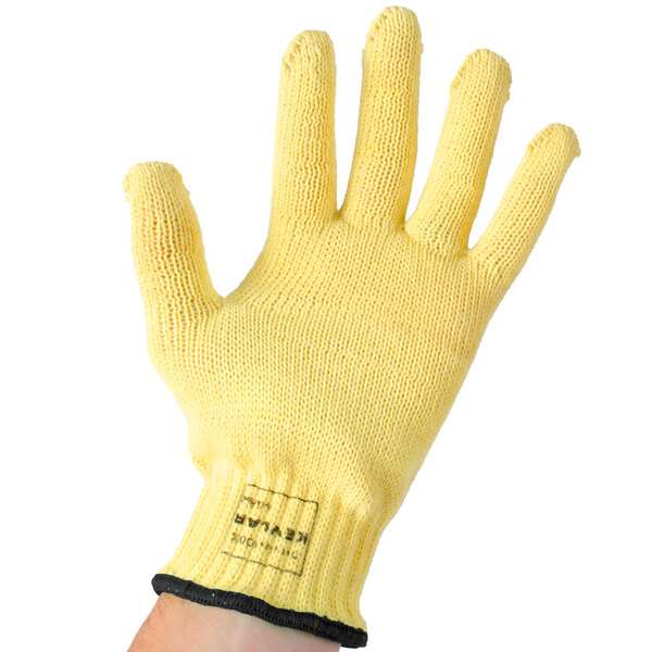 A yellow Cordova cut resistant glove with a black band.