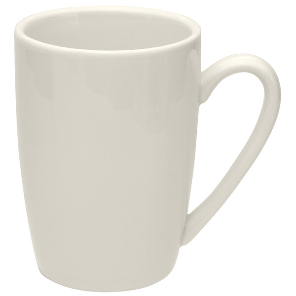A close-up of a Oneida Buffalo Cream White Ware narrow rim porcelain mug with a handle.