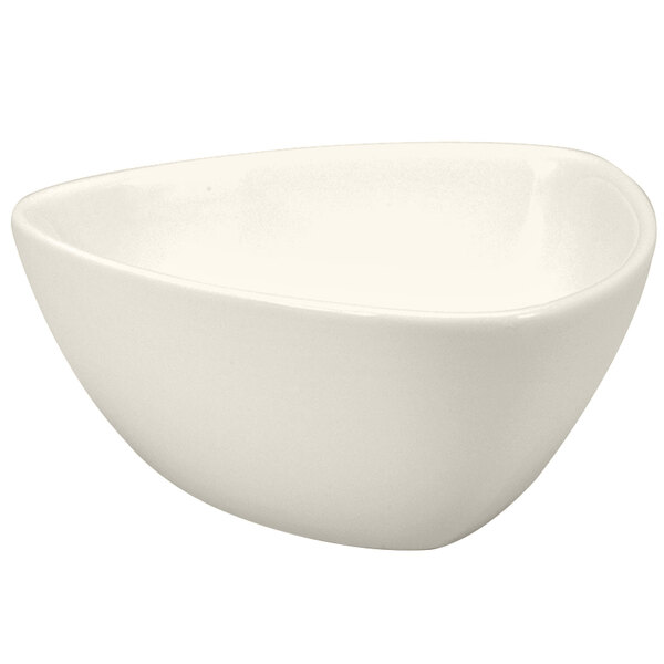 A white triangular porcelain bowl with a small rim.