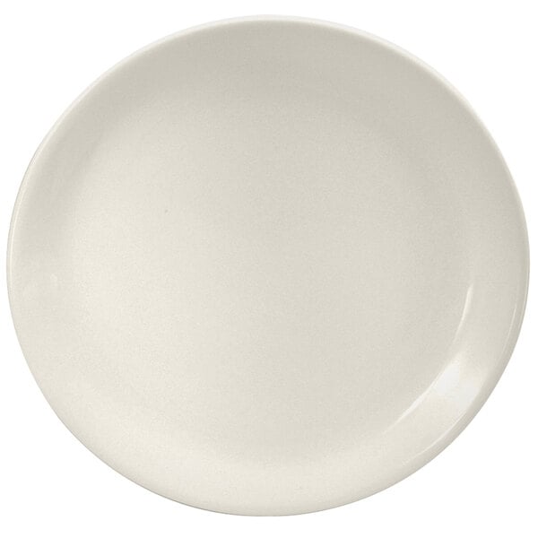 A white Oneida Buffalo porcelain coupe plate with a plain edge.