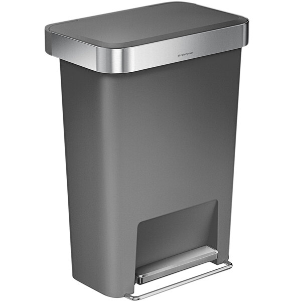 A simplehuman gray rectangular step-on trash can with a silver lid.