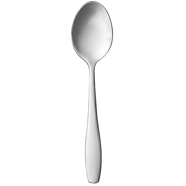 A Libbey Cresswell stainless steel teaspoon with a white handle on a white background.