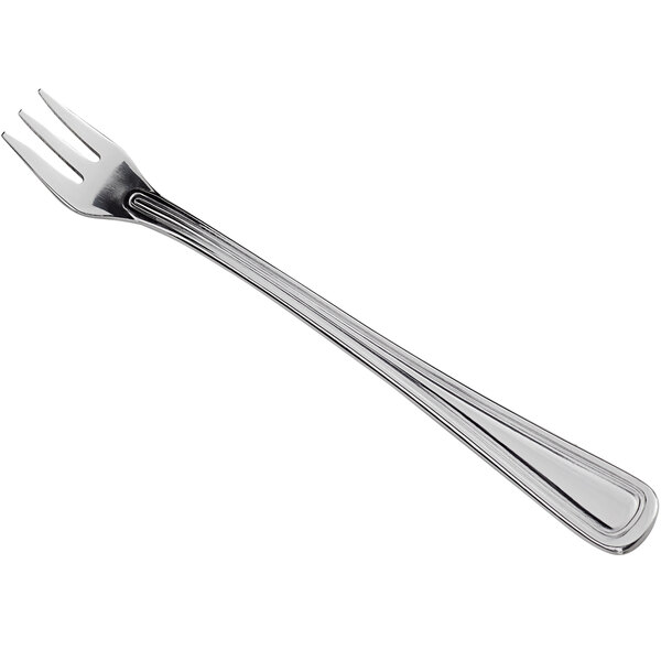 A silver cocktail fork with a long handle.