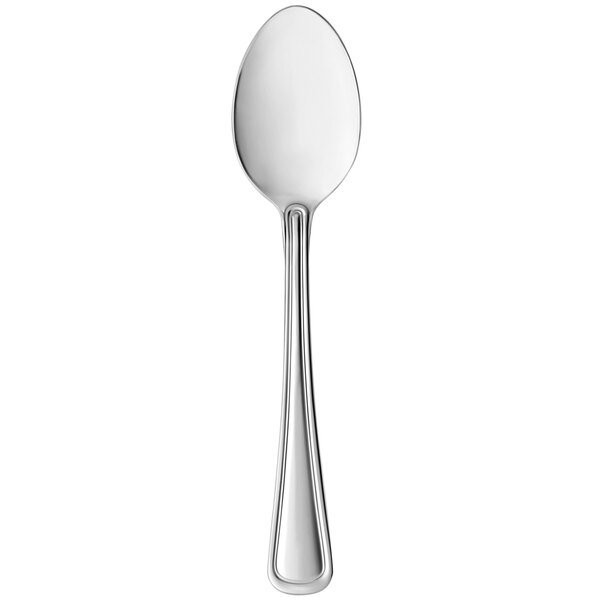 A close-up of a Libbey stainless steel teaspoon with a black top.