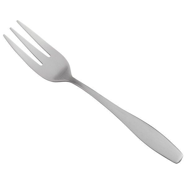 A silver Libbey Cresswell cocktail fork on a white background.