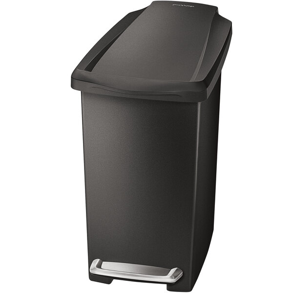 A black simplehuman rectangular slim step-on trash can with a lid.