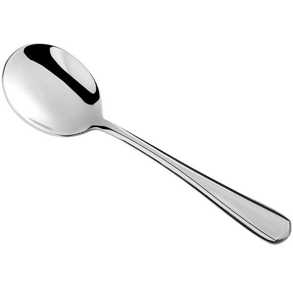 A silver Libbey stainless steel bouillon spoon.