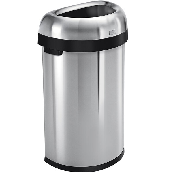 A silver stainless steel semi-round trash can with a black lid.