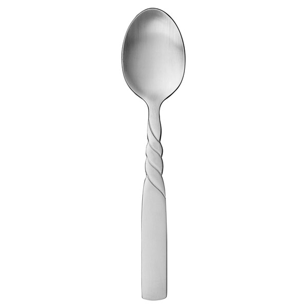 A stainless steel World Tableware Collingwood teaspoon with a twist design.