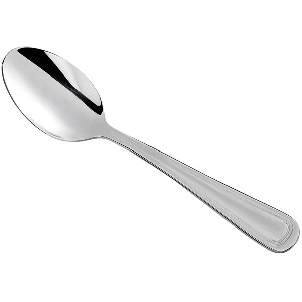 A close-up of a Libbey stainless steel demitasse spoon with a classic rim.