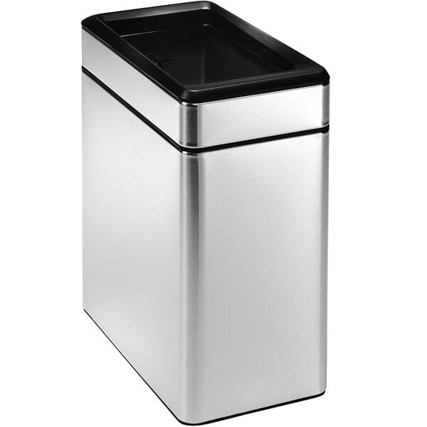 A silver rectangular simplehuman stainless steel trash can with a black lid.