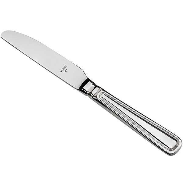 A Libbey stainless steel bread and butter knife with a pinched silver handle.
