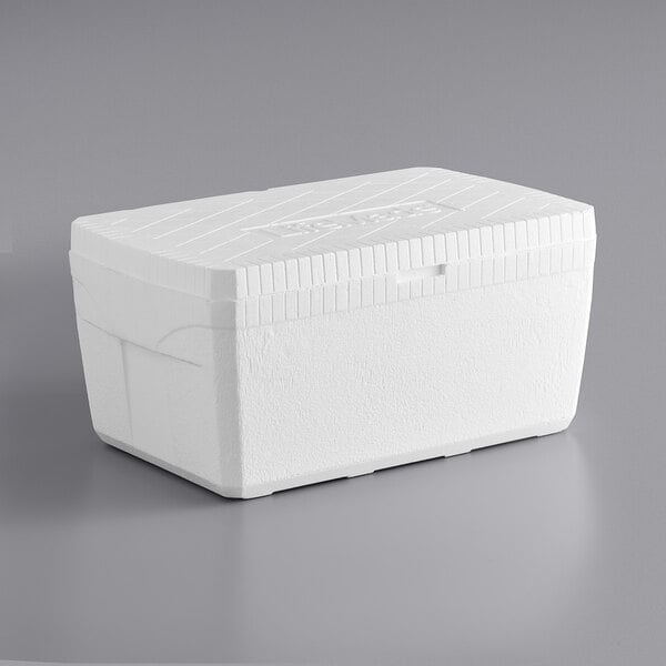 A white styrofoam cooler with a lid.