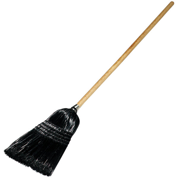 A black Carlisle 5-stitch parlor broom with a wooden handle.