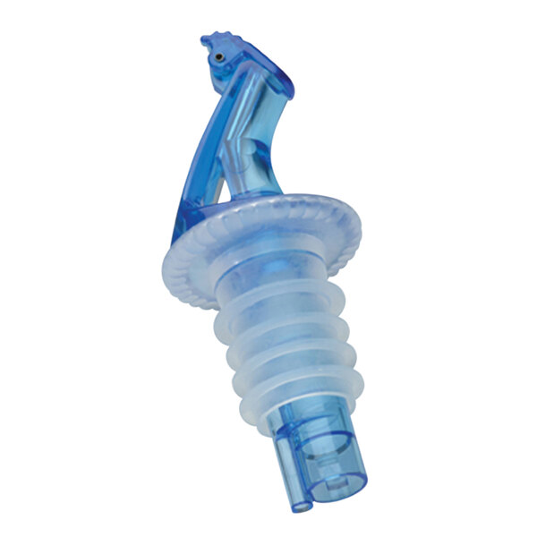 A close-up of a Precision Pours blue plastic liquor pourer with a blue fliptop cover.
