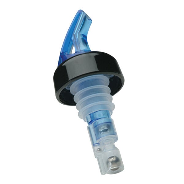 A blue plastic Precision Pours liquor pourer with a black collar.