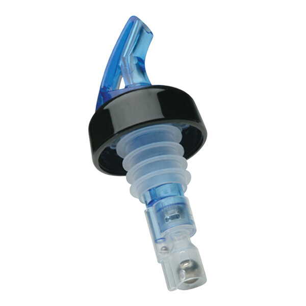 A blue and black plastic Precision Pours bottle stopper with a blue collar.