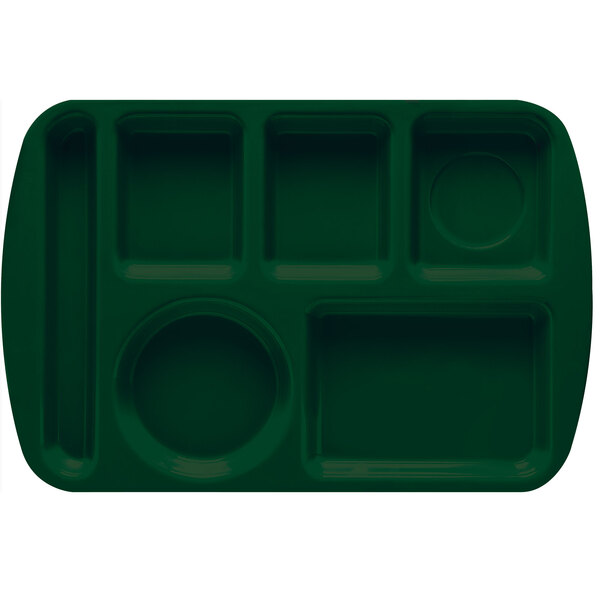 A rectangular hunter green tray with 6 compartments.