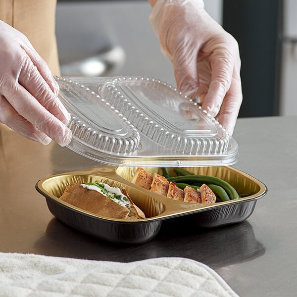 Choice Ovenable Take & Bake 2-Compartment Takeout Pan w/ Lid