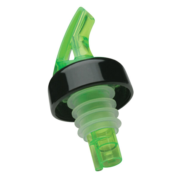 A close-up of a Precision Pours Shamrock Green Free Flow Liquor Pourer with a black collar on a green and black bottle stopper.