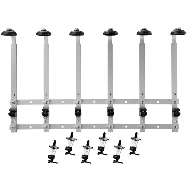 A white rack with six metal poles and black caps.