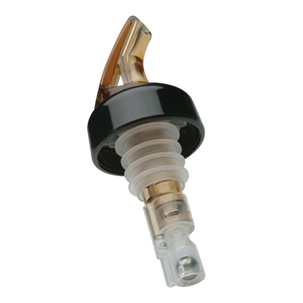 A Precision Pours amber bottle pourer with a clear and black collar.