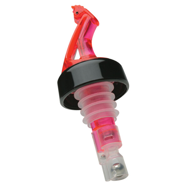 A Precision Pours red and black liquor pourer with a flip top and collar.