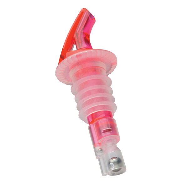 A pink and clear plastic Precision Pours liquor pourer with a red tip.
