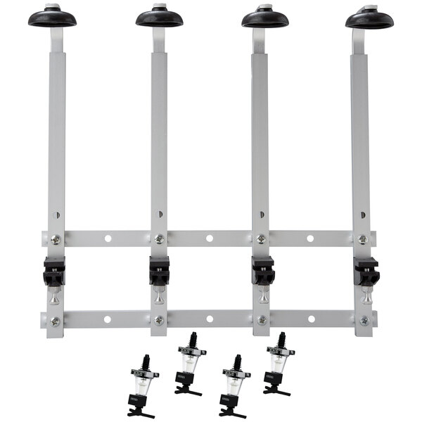 A white wall mount rack with four metal brackets for Precision Pours liquor pourers.