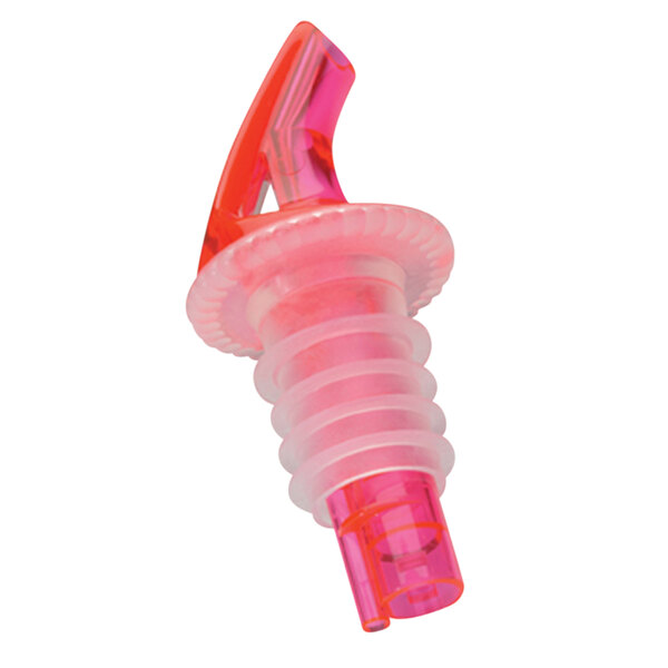 A close-up of a Precision Pours watermelon red plastic liquor pourer with a pink spout and plastic handle.