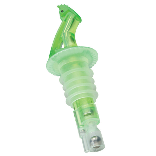 A close-up of a Precision Pours Shamrock Green Measured Liquor Pourer with a fliptop handle.