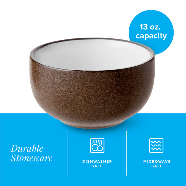 A 13 oz. hickory brown matte stoneware bowl with a white interior.