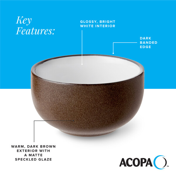 A 10 oz. stoneware bowl with a warm, dark brown matte speckled exterior and a glossy white interior.