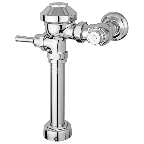 A Zurn chrome and metal toilet flush valve.