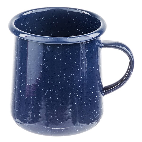 A blue speckled Tablecraft enamelware mug with a handle.