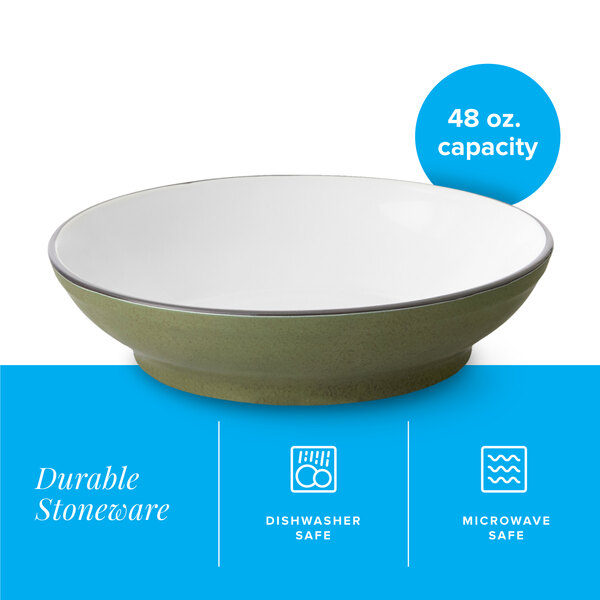 A 48 oz. moss green matte stoneware pasta bowl.