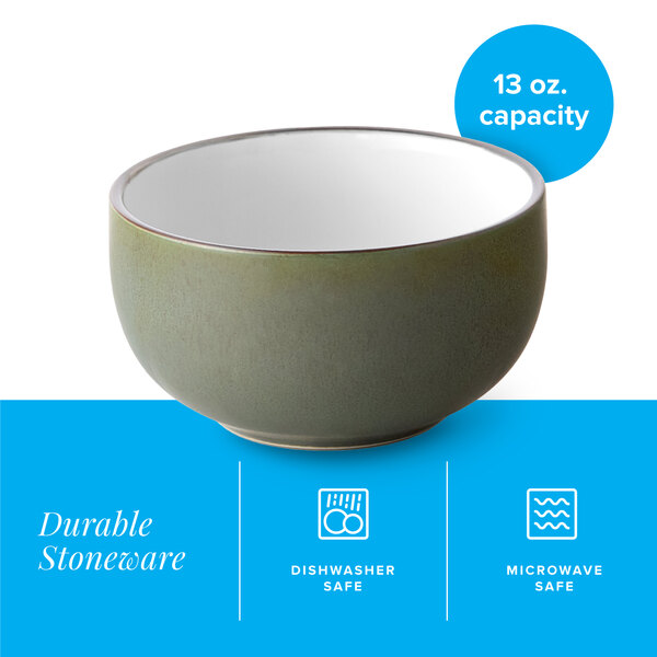 A 13 oz. moss green matte stoneware bowl.