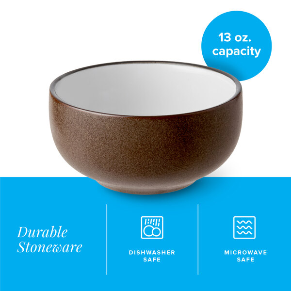 A 13 oz. hickory brown matte stoneware bowl with a white interior.