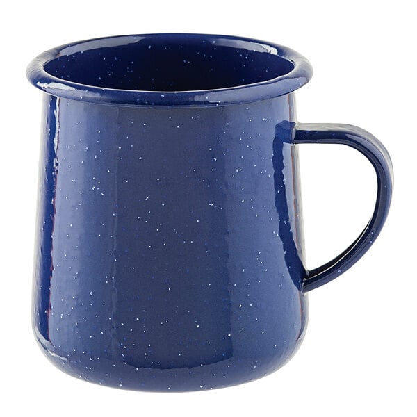 A Tablecraft blue enamelware mug with a handle.