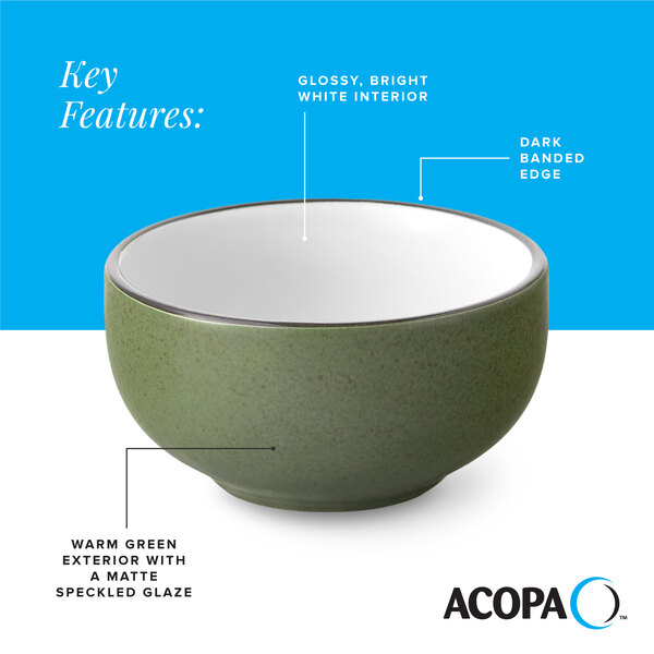 A 10 oz. stoneware bowl with a warm green matte speckled exterior, glossy white interior, and a dark banded edge.