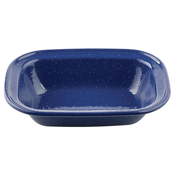 A blue speckled Tablecraft enamelware rectangular pan.