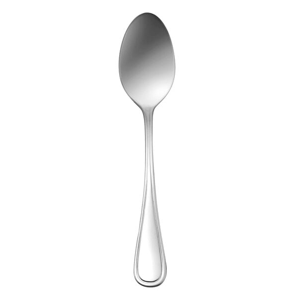 A close-up of an Oneida New Rim 18/10 stainless steel oval bowl soup/dessert spoon with a silver handle.